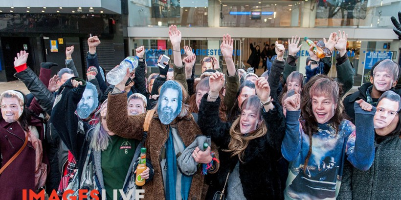 Fans wearing Leonardo DiCaprio masks celebrated the star's Oscar win by watching the movies Titanic and Romeo and Juliet in the Odeon Cinema in Leicester Square. After the late night movie marathon, the fans spilled out onto the street and took selfies.