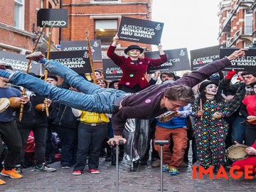 Clowns, jugglers, stilt-walkers, a fire artist and acrobats from Amnesty International performed outside the Israeli embassy in London to protest against the arrest and detention without charges or trial of 23 year old Mohammad Abu Sakha, a performer and trainer with the Palestinian Circus School, training children in circus acts - especially children with learning difficulties - who was detained by Israeli soldiers at a checkpoint on 14 December on his way from his parents’ home in the occupied West Bank city of Jenin to work at the circus school in Birzeit near the city of Ramallah. Friends and relatives of Abu Bakar are increasingly concerned for his safety, as they are not allowed to see or speak to him.

Israel authorities - who claim that the circus clown poses "a security risk to the region" - have placed Abu Sakha under “administrative detention” orders and he is being denied the right to defend himself. Any evidence used to justify his detention is withheld from both Abu Sakha and his lawyers. The Palestinian Circus School denies that Abu Sakha is in any way a threat, saying his only crime is “making children happy” and insists that his life is dedicated to the circus.